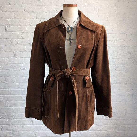 Vintage Jackets & Blazers - 70s Vintage Brown Suede Leather Jacket Minimalist Boho Moto Biker Trench Coat